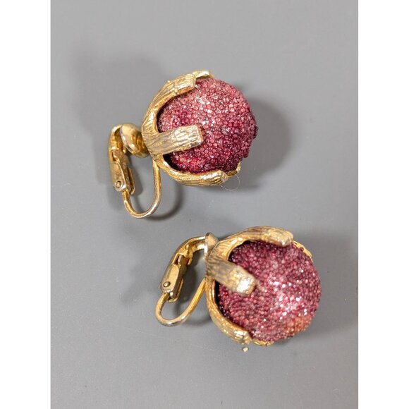 Vintage Raspberry Pink Sugared Round Clip On Earrings Gold Tone MCM Bold - Picture 6 of 9